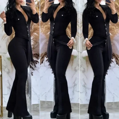 V-neck Button Up Black Jumpsuits