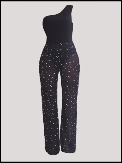 One Shoulder Mesh Black Jumpsuit - Image 2