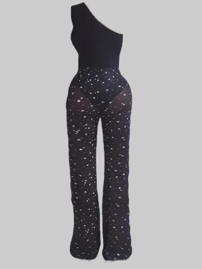 One Shoulder Mesh Black Jumpsuit - Image 3