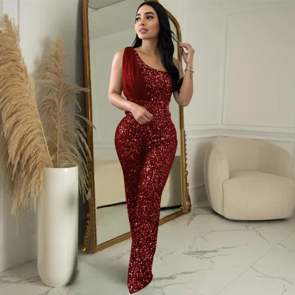 One Shoulder Sequin Black Jumpsuits - Image 5
