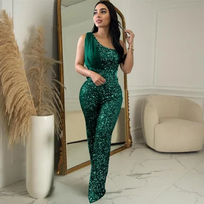 One Shoulder Sequin Black Jumpsuits - Image 3