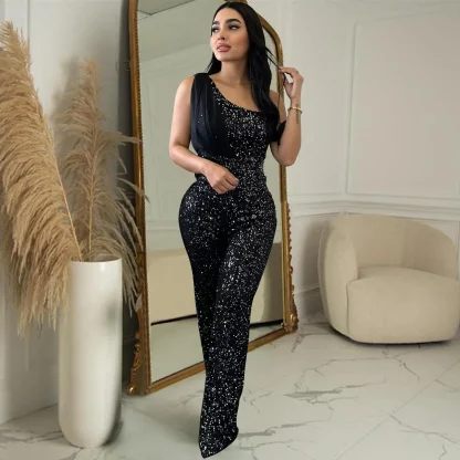 One Shoulder Sequin Black Jumpsuits