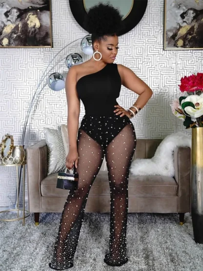 One Shoulder Mesh Black Jumpsuit - Image 4