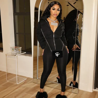 Thick Warm Zipper Black Jumpsuits
