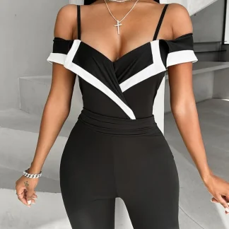 Cold-shoulder Color Block Black Jumpsuit