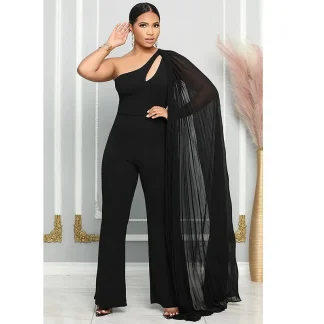 One-shoulder Cape Black Jumpsuits