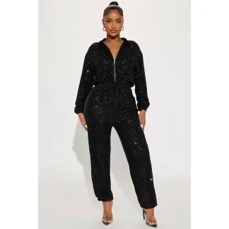 Zippered Sequin Black Jumpsuits