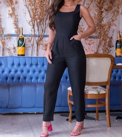 Casual Pocket Black Jumpsuits